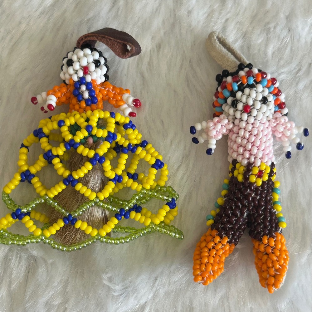 Native American Zuni Seed Bead Beaded Dolls Rabbit Foot Good Luck Charm Folk Art